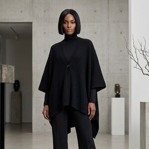 NWT Time and Tru Soft Black Ribbed Knit Button Poncho Shawl OS